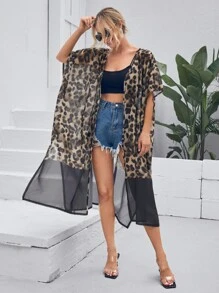 Leopard Mesh Split Side Kimono, For Summer Beach Vacation