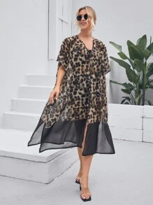 Leopard Mesh Split Side Kimono, For Summer Beach Vacation