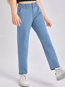 青少女拉鍊門襟斜口袋牛仔褲 - 淺色水洗藍 - 查看 1