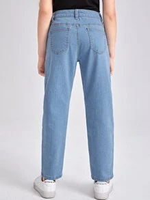 青少女拉鍊門襟斜口袋牛仔褲 - 淺色水洗藍 - 查看 2