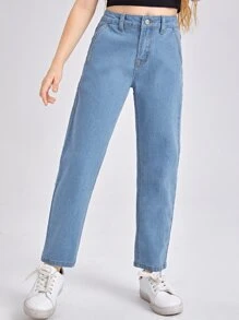 青少女拉鍊門襟斜口袋牛仔褲 - 淺色水洗藍 - 查看 4