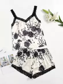 Plus Floral Lace Insert Satin PJ Set - Black and White - View 1