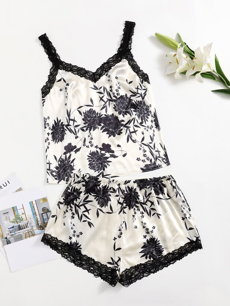 Plus Floral Lace Insert Satin PJ Set - Black and White - View 1