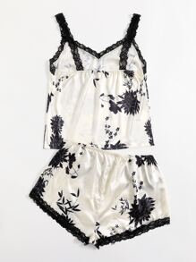 Plus Floral Lace Insert Satin PJ Set - Black and White - View 2