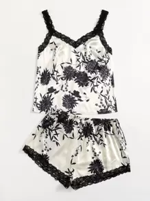 Plus Floral Lace Insert Satin PJ Set - Black and White - View 3