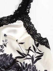 Plus Floral Lace Insert Satin PJ Set - Black and White - View 4