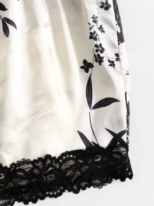 Plus Floral Lace Insert Satin PJ Set - Black and White - View 5