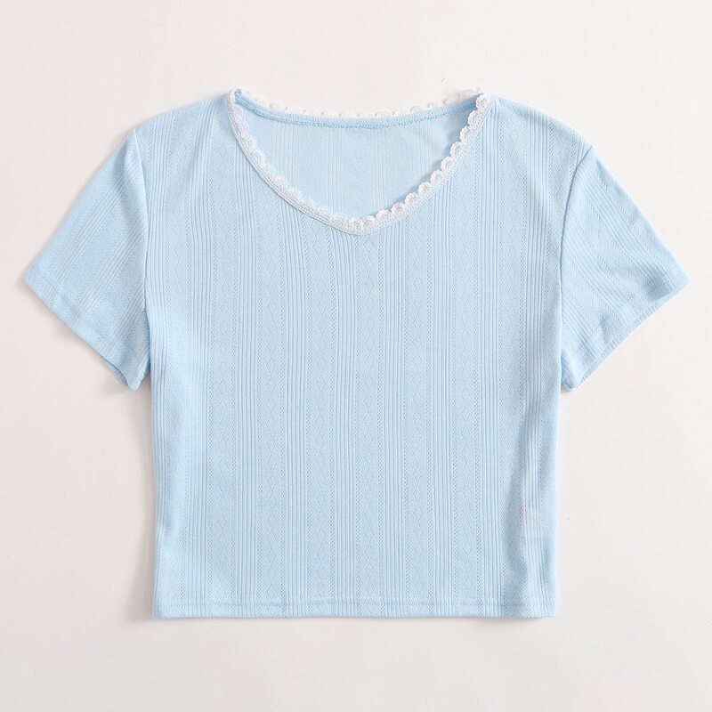 

Contrast Lace Pointelle Tee, Baby blue