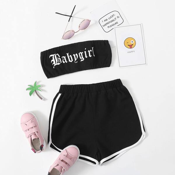 

Toddler Girls Letter Graphic Tube Top & Track Shorts, Black