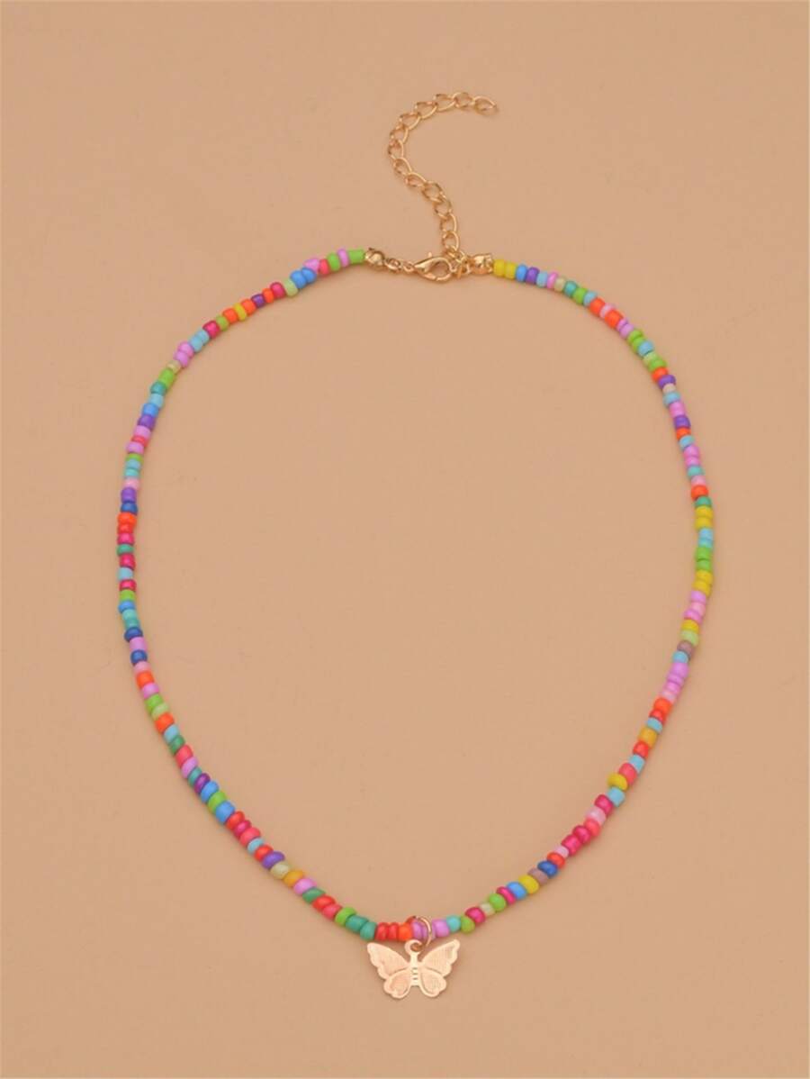 蝴蝶吊墜串珠項鍊 - 彩色 - 查看 1
