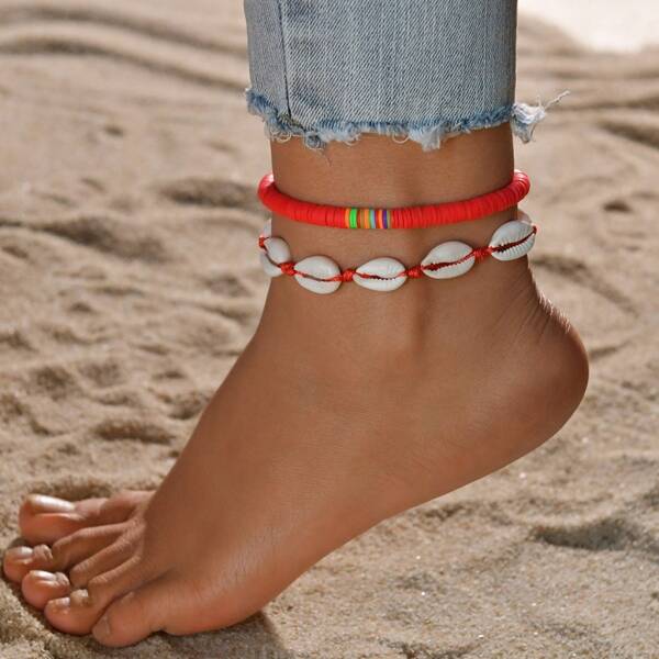 

2pcs Shell Decor Anklet, Red