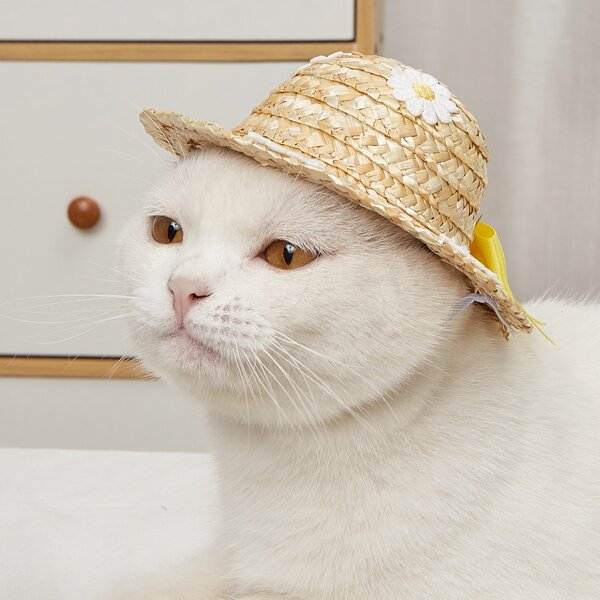

Flower Decor Pet Straw Hat, Yellow