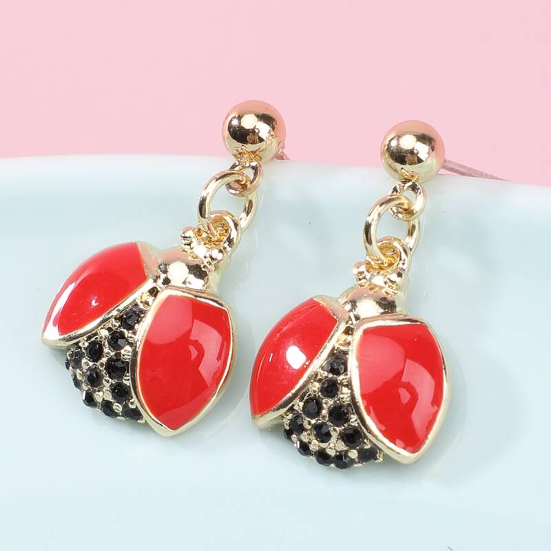 

Rhinestone Ladybug Drop Earrings, Red