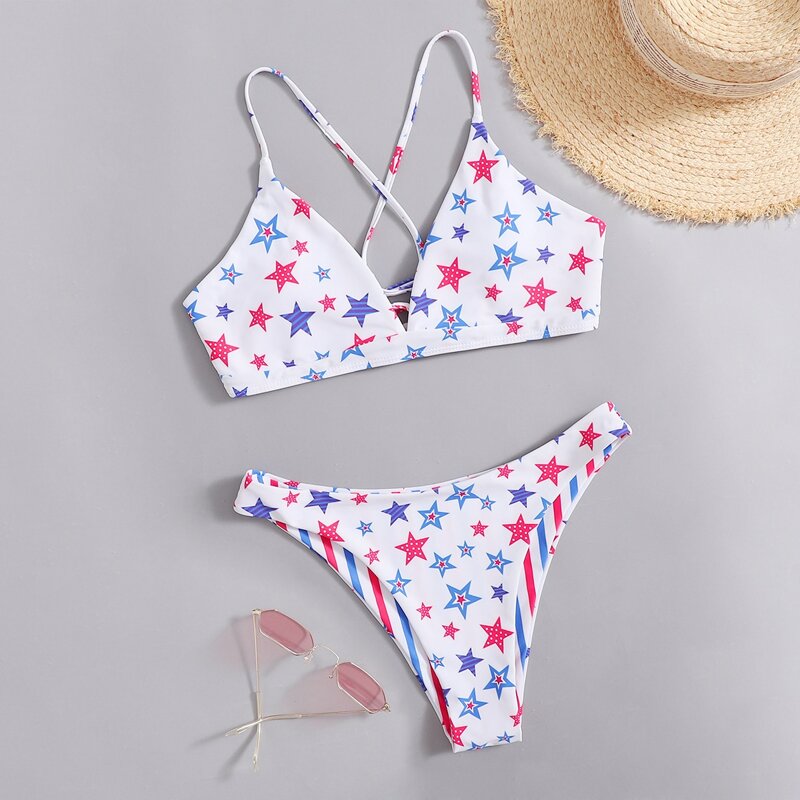 

Star & Striped Print Bikini Swimsuit, Multicolor