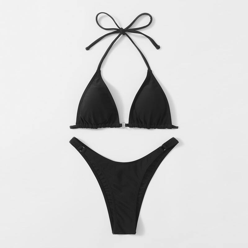 

Solid Ring Linked Bikini Swimsuit, Black
