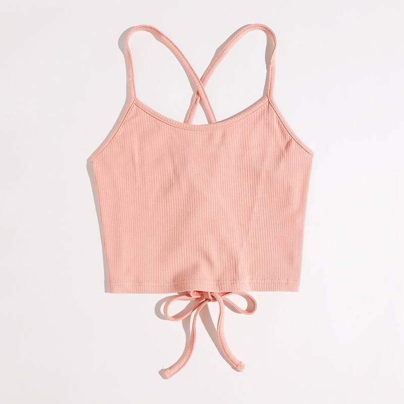 

Solid Lace Up Ribbed Crop Cami, Coral pink
