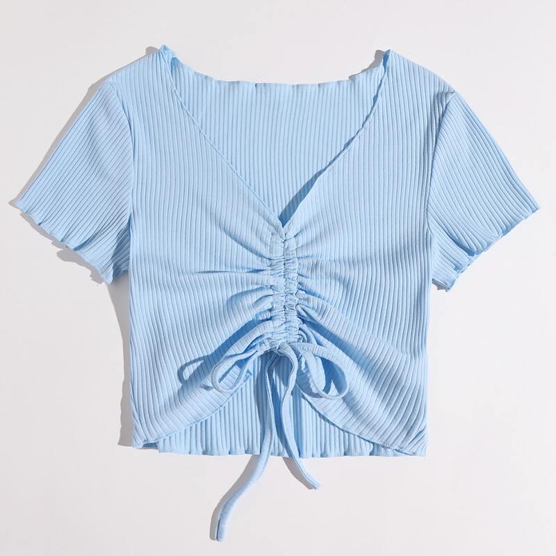 

Lettuce Edge Drawstring Crop Top, Baby blue