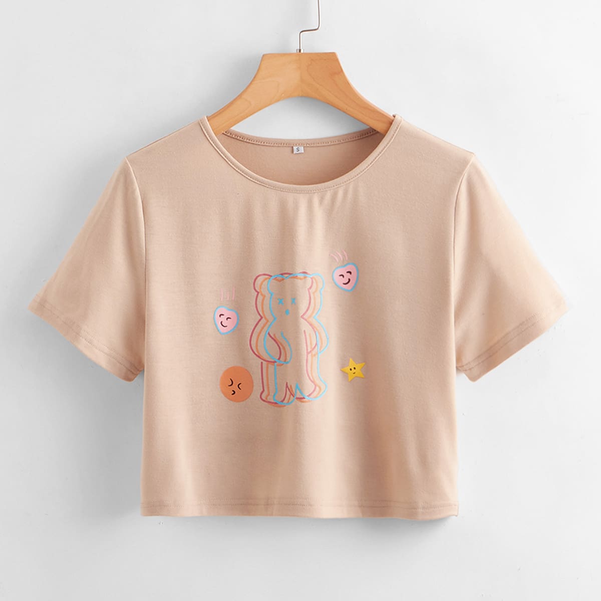 

Cartoon Bear Graphic Crop Tee, Apricot