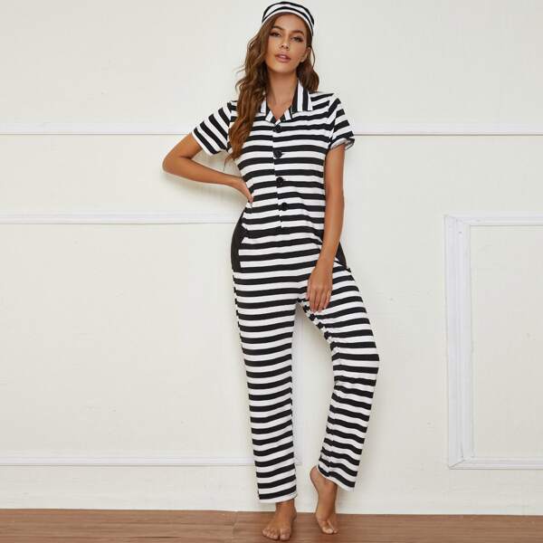 

2pack Striped Button Front Costume Jumpsuit With Cap, Black and white