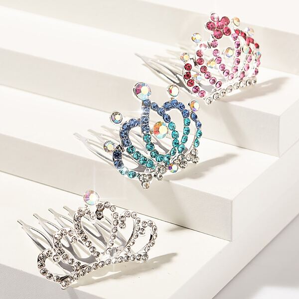 

3pcs Rhinestone Crown Decor Hair Pin, Multicolor