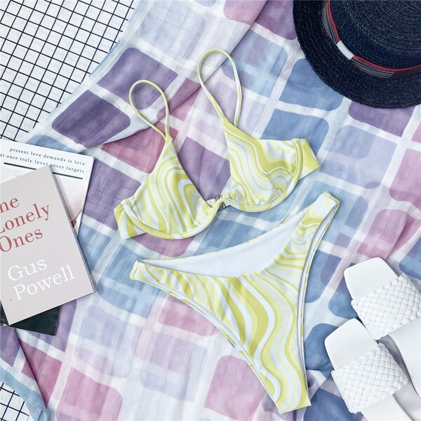 

Wave Print Underwire Bikini Swimsuit, Yellow