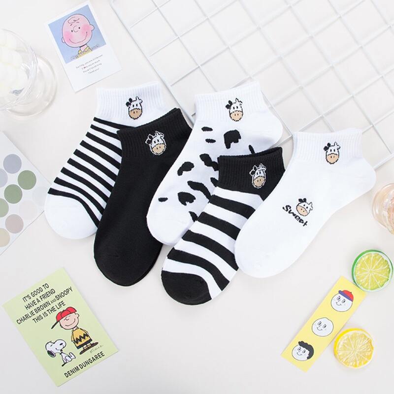 

5pairs Cartoon Cow Ankle Socks, Multicolor