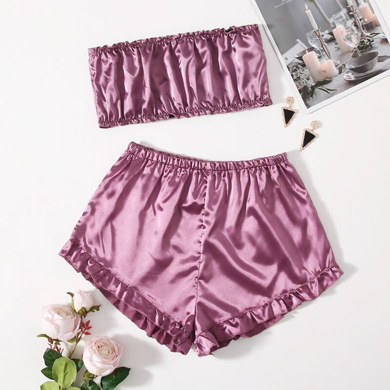 

Satin Striped Frill Trim Tube Top & Shorts PJ Set, Red violet