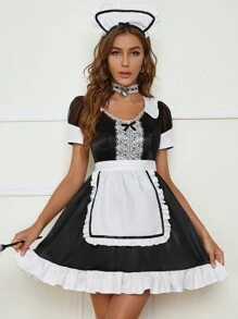 5件套拼接蕾絲女僕裝洋裝 - 黑與白 - 查看 3