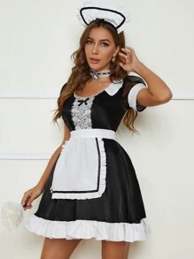 5件套拼接蕾絲女僕裝洋裝 - 黑與白 - 查看 5