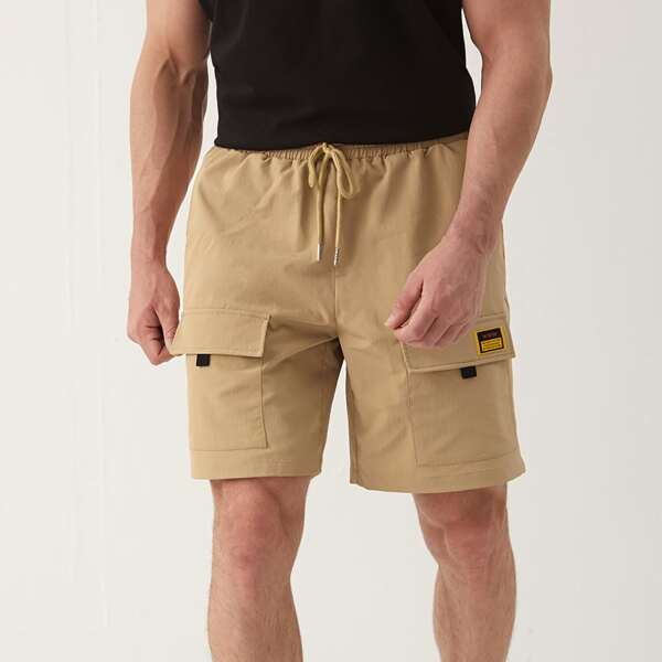 

Men Drawstring Waist Patched Detail Flap Pocket Shorts, Khaki