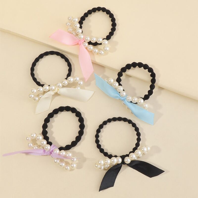 

5pcs Faux Pearl Bow Hair Tie, Multicolor
