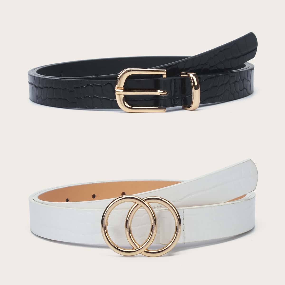

2pcs Croc Embossed Buckle Belt, Black and white