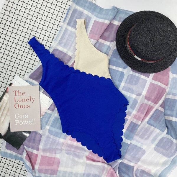 

Two Tone Rib Scallop Trim One Piece Swimsuit, Royal blue