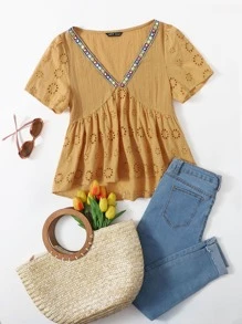 SHEIN V領織帶細節網眼刺繡娃娃上衣