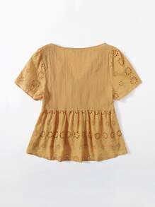 SHEIN V領織帶細節網眼刺繡娃娃上衣