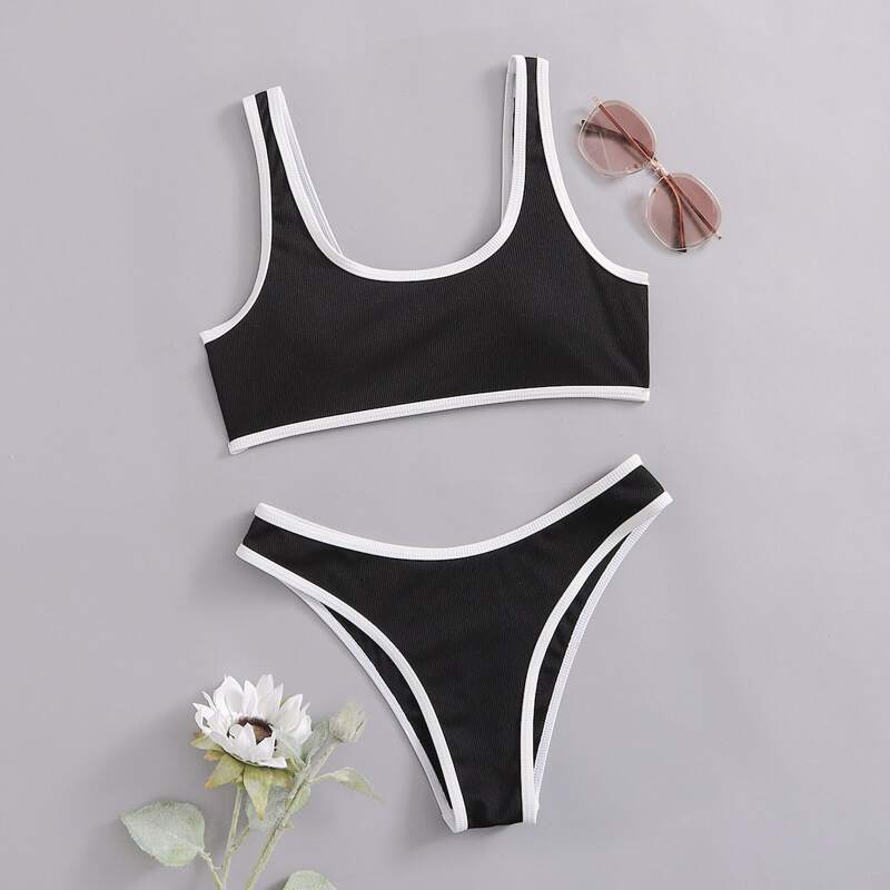 

Contrast Binding Bikini Swimsuit, Black and white