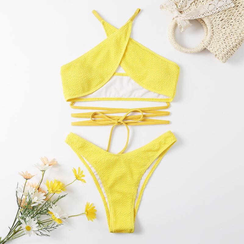 

Textured Crisscross High Cut Bikini Swimsuit, Yellow
