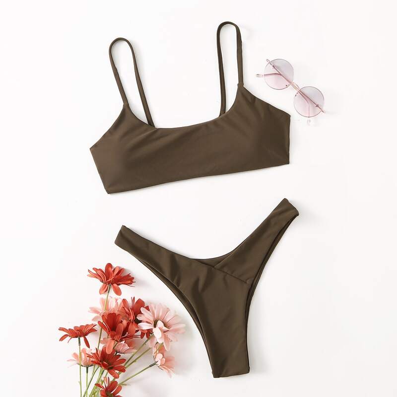 

Solid High Cut Bikini Swimsuit, Brown
