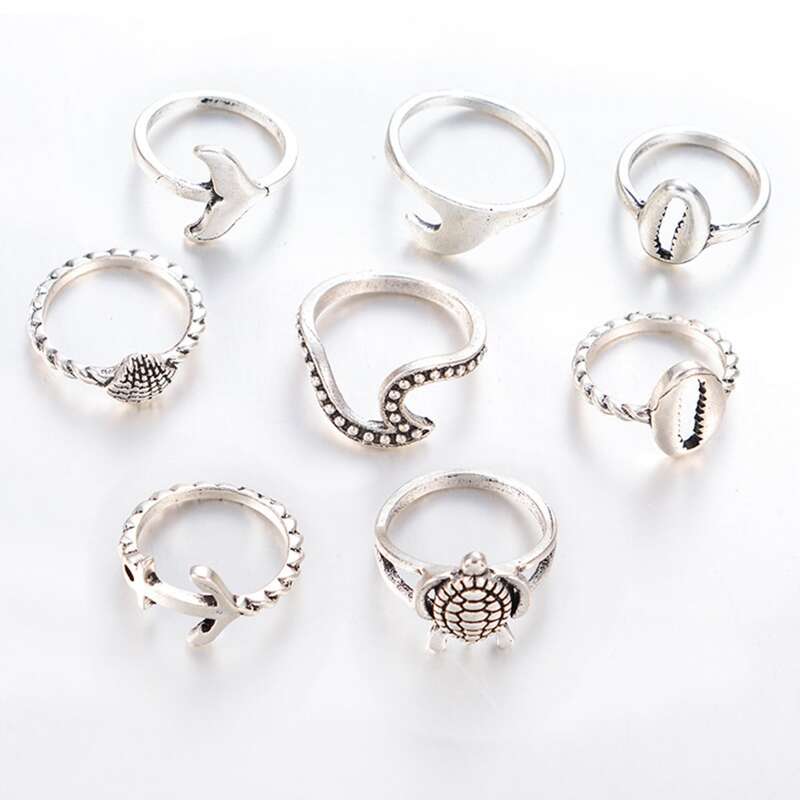 

8pcs Turtle & Shell Ring, Silver