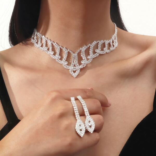 

3pcs Rhinestone Decor Jewelry Set, Silver