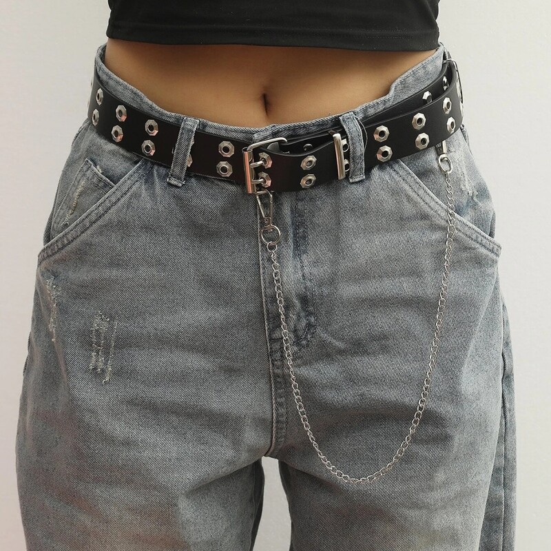 

Grommet Buckle Belt With Pants Chain, Black