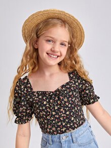 SHEIN Girls Ditsy Floral Knot Front Puff Sleeve Top - Multicolor - View 1