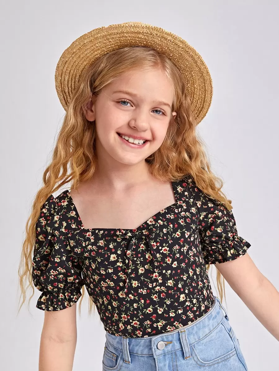 SHEIN Girls Ditsy Floral Knot Front Puff Sleeve Top - Multicolor - View 1