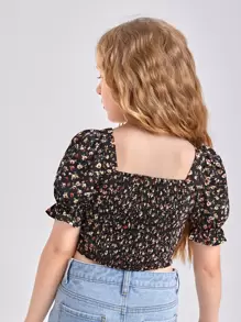 SHEIN Girls Ditsy Floral Knot Front Puff Sleeve Top - Multicolor - View 2