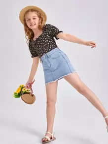 SHEIN Girls Ditsy Floral Knot Front Puff Sleeve Top - Multicolor - View 3