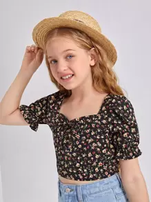 SHEIN Girls Ditsy Floral Knot Front Puff Sleeve Top - Multicolor - View 4