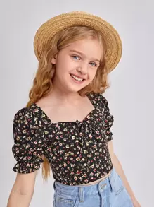 SHEIN Girls Ditsy Floral Knot Front Puff Sleeve Top - Multicolor - View 5
