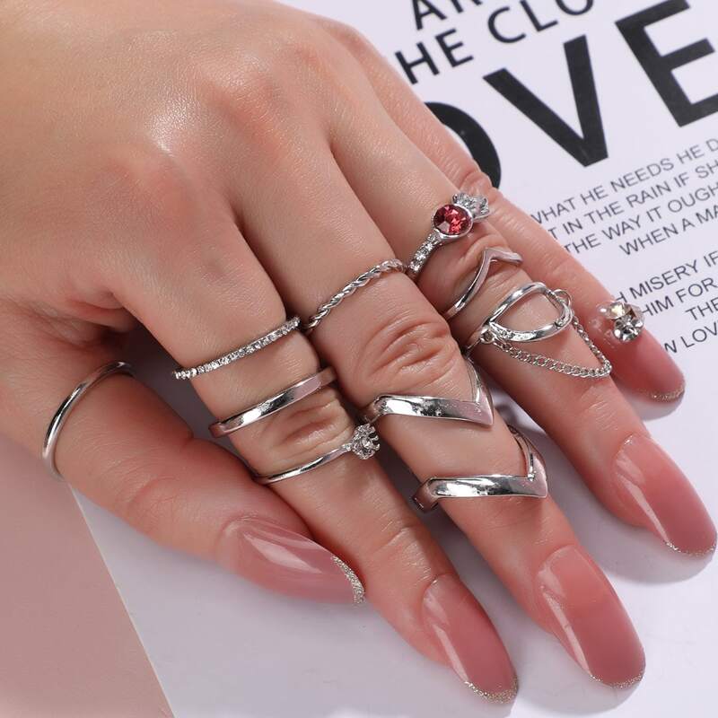 

9pcs Rhinestone Ring, Silver