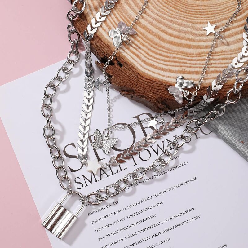 

Butterfly & Lock Layered Necklace, Silver