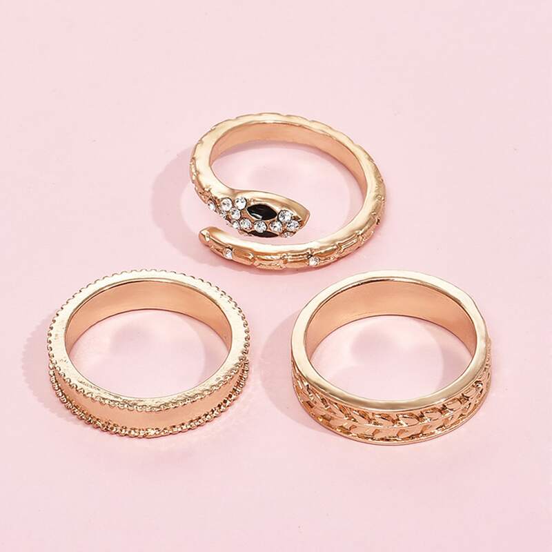 

3pcs Rhinestone Snake Ring, Gold